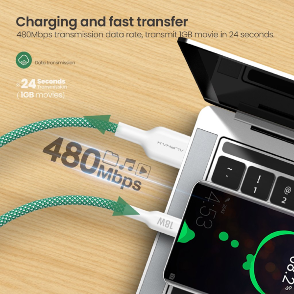 ALPHA·X ALUSB 2C Data Cable USB A to Type C 1.2m Braided Cable Heat Protection (Green)